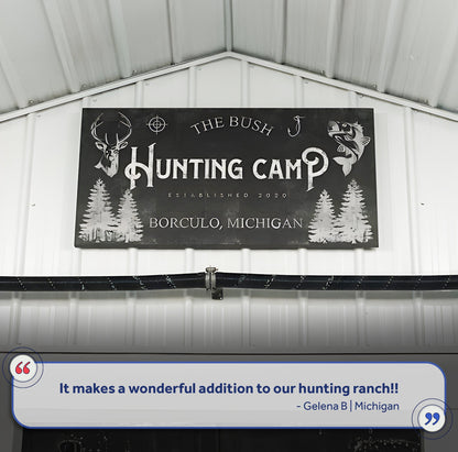Fishing And Hunting Sign III canvas with white text deer and fish on black background on Tampa Home & Garden Store