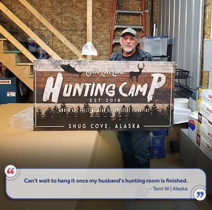 Fishing And Hunting Sign IV canvas with rustic wood plank design, hunting camp lettering and deer silhouette, Snug Cove, Alaska on Tampa Home & Garden Store