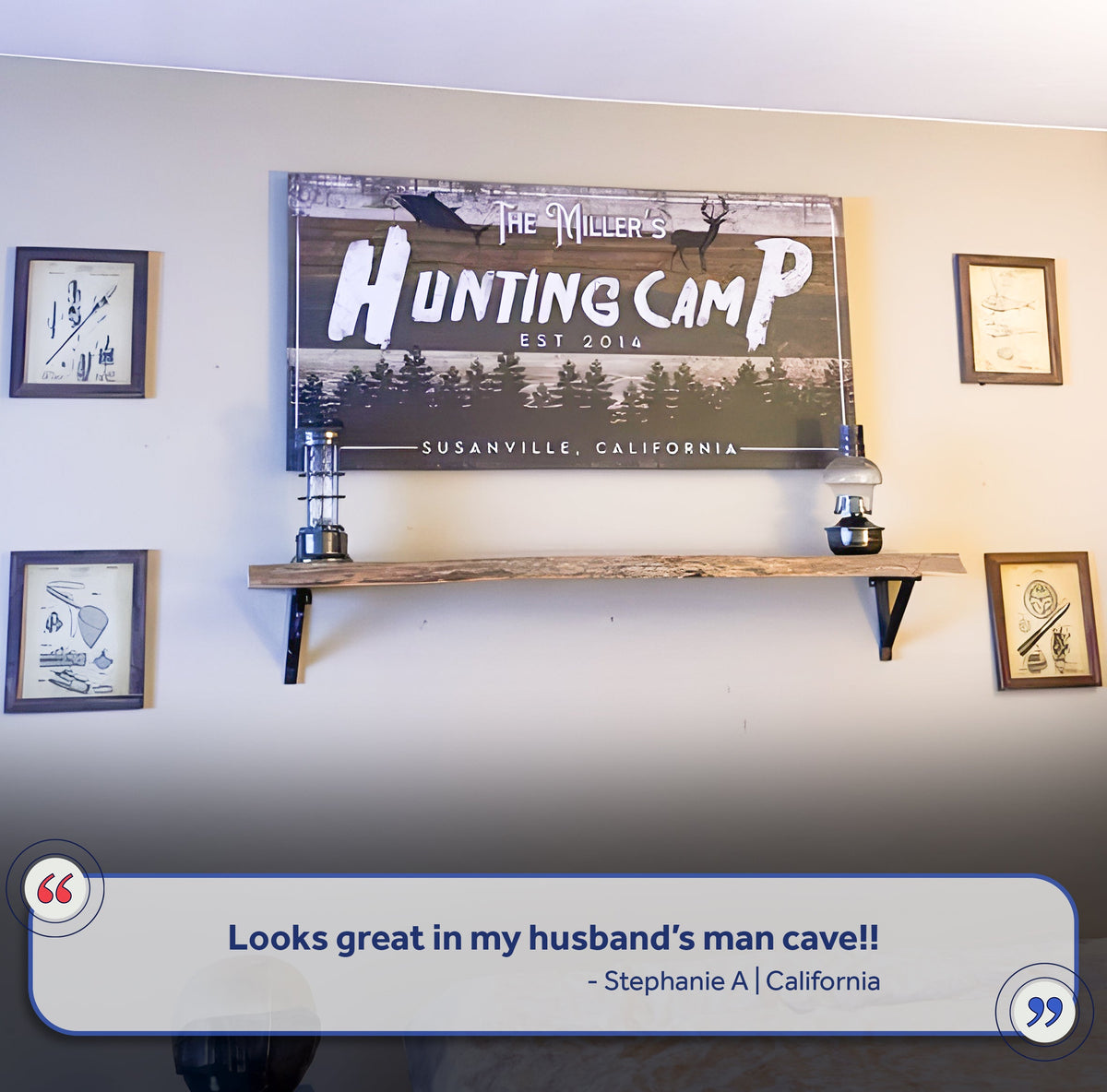 Fishing And Hunting Sign IV Crafting Canvas on a brown wood panel with deer silhouettes on Tampa Home & Garden Store