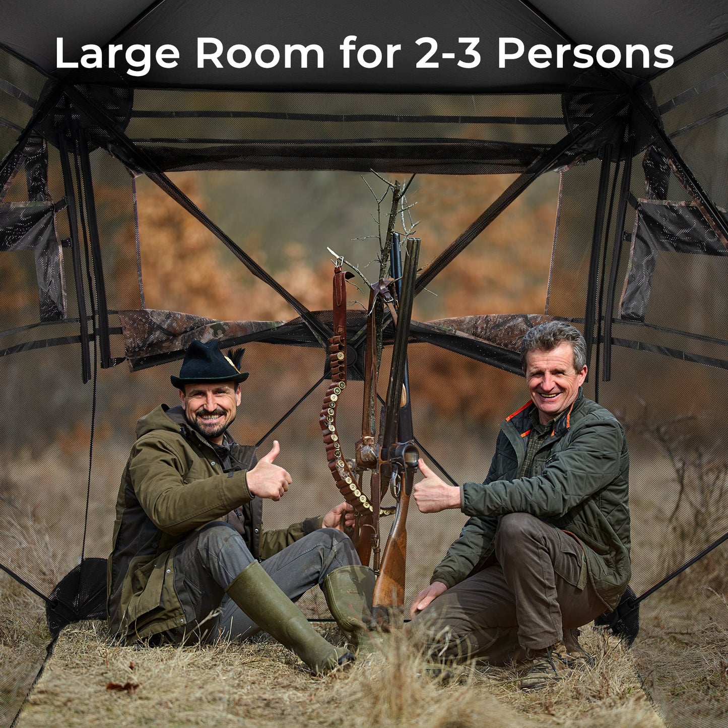 Hunting blind interior for 2-3 people with camo ground blind and rifles between two men on Tampa Home & Garden Store