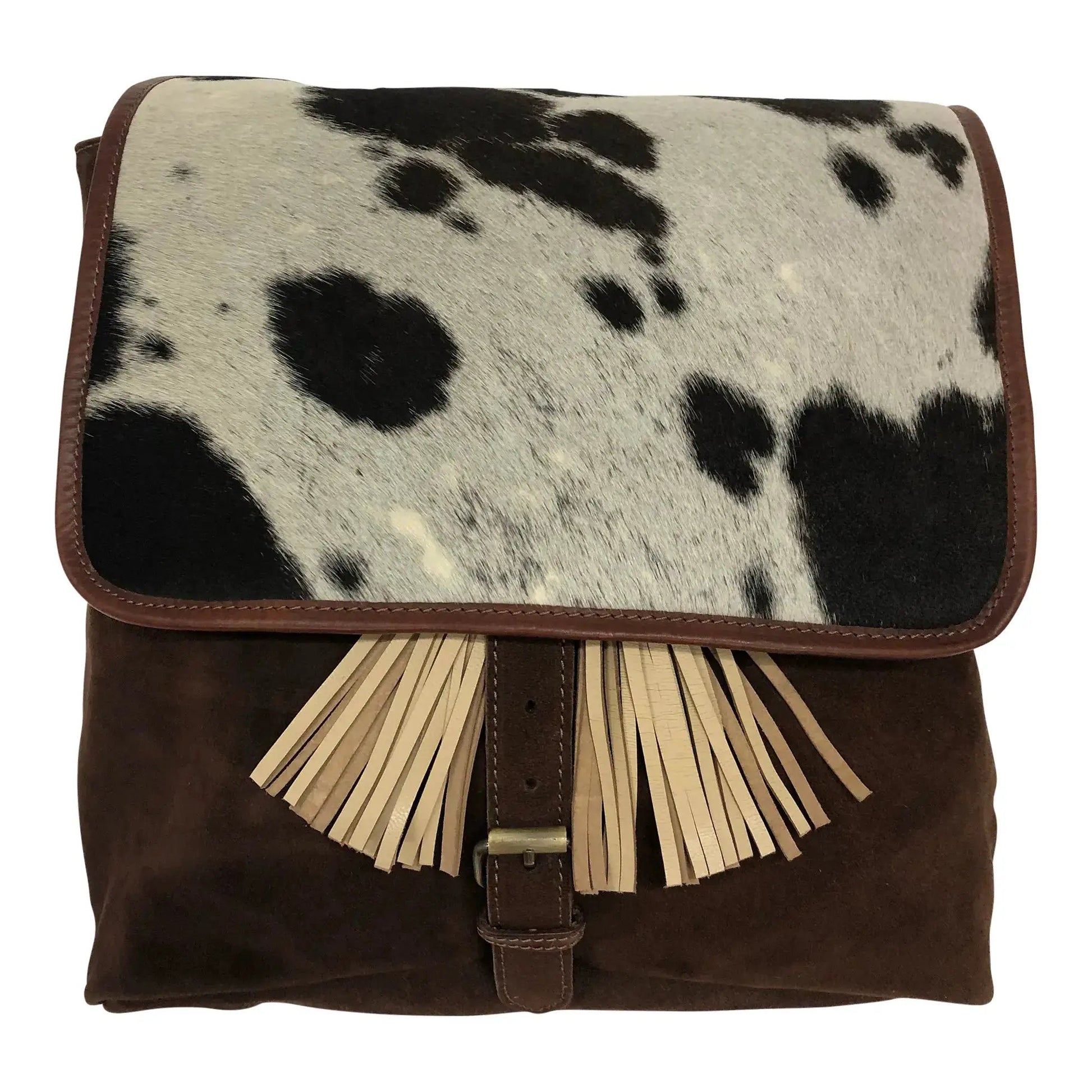 Huntley Equestrian cowhide suede shoulder backpack with fringe tassels and leather trim on Tampa Home & Garden Store