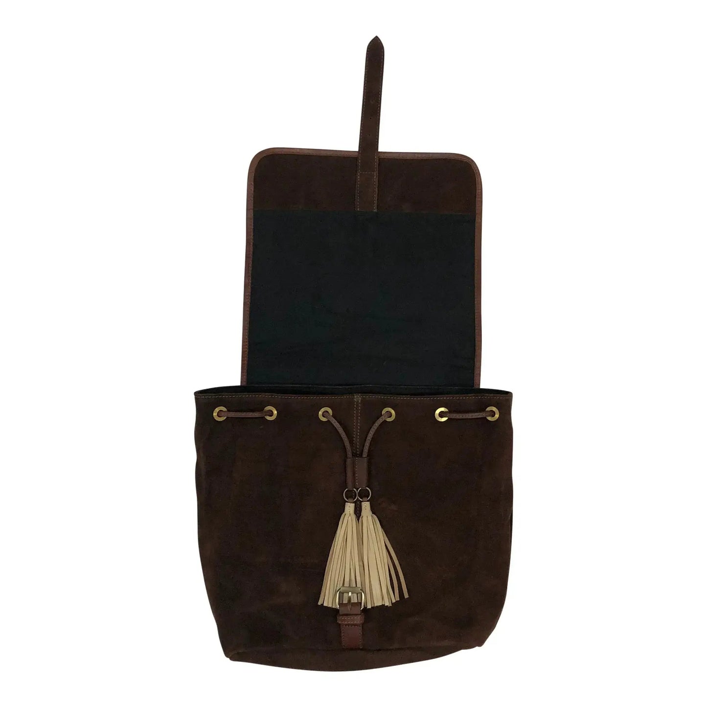Huntley Equestrian cowhide suede leather shoulder backpack dark brown top black body on Tampa Home & Garden Store