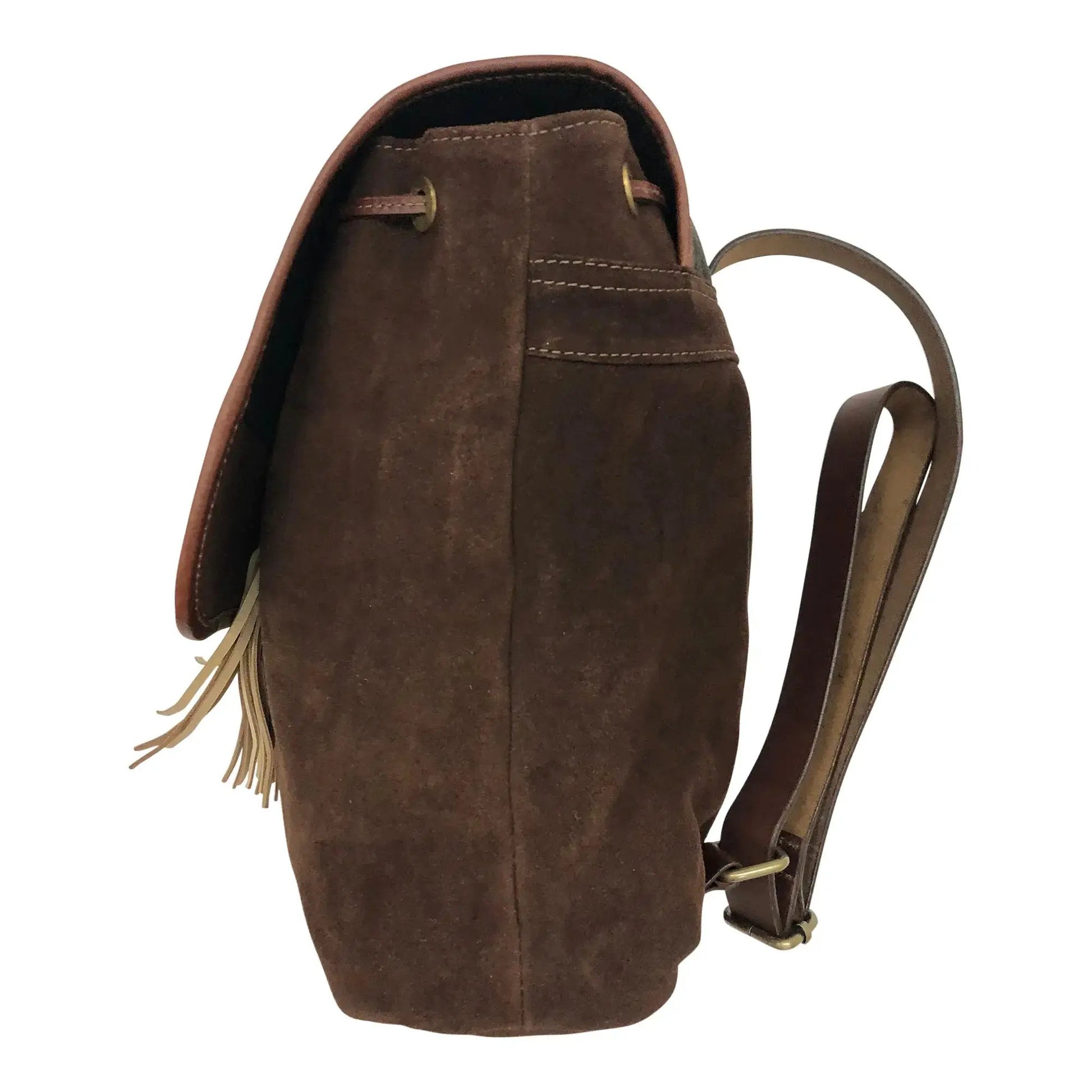 Shoulder backpack Huntley Equestrian brown suede cowhide leather with fringe tassels on Tampa Home & Garden Store