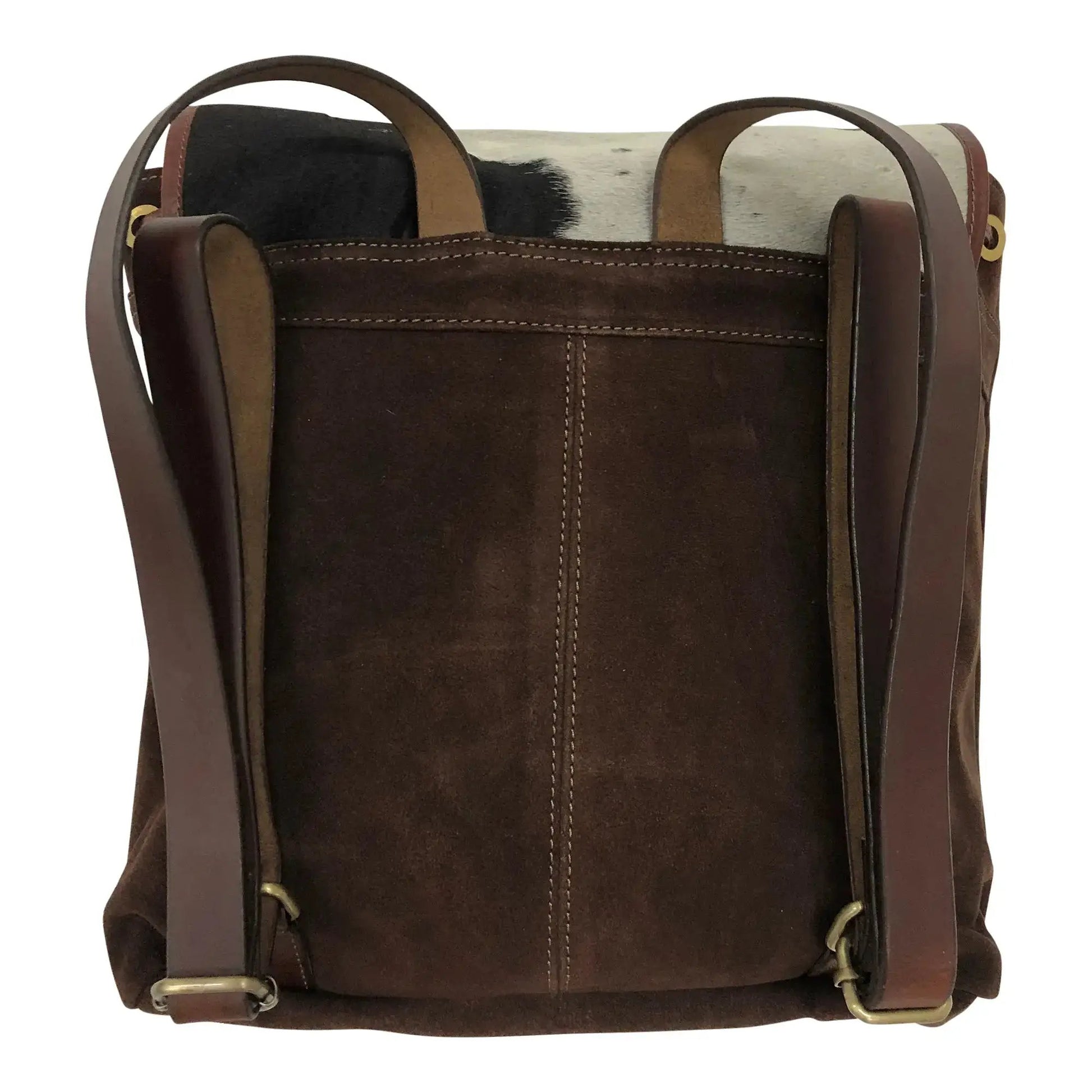 Huntley Equestrian cowhide suede leather shoulder backpack in brown with brass hardware on Tampa Home & Garden Store