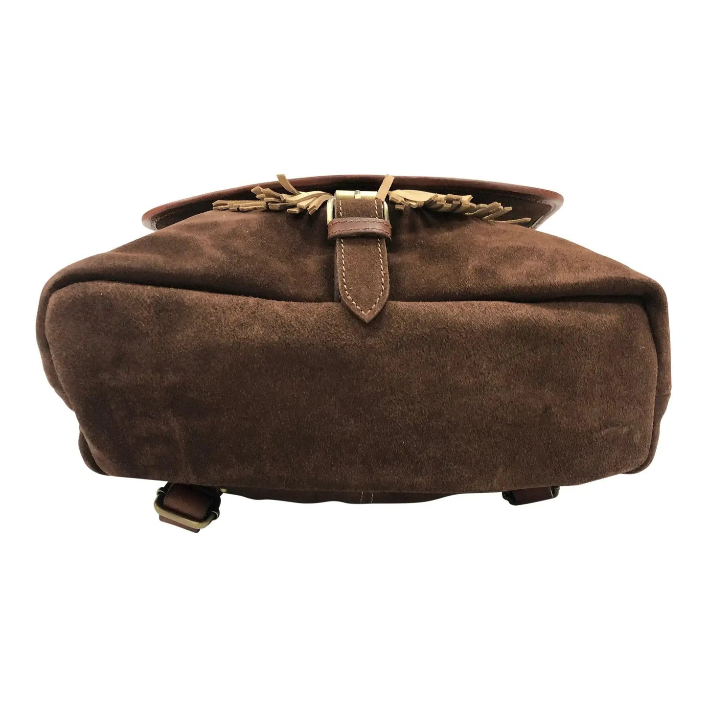 Huntley Equestrian brown cowhide suede shoulder backpack with fringe tassels and buckle on Tampa Home & Garden Store