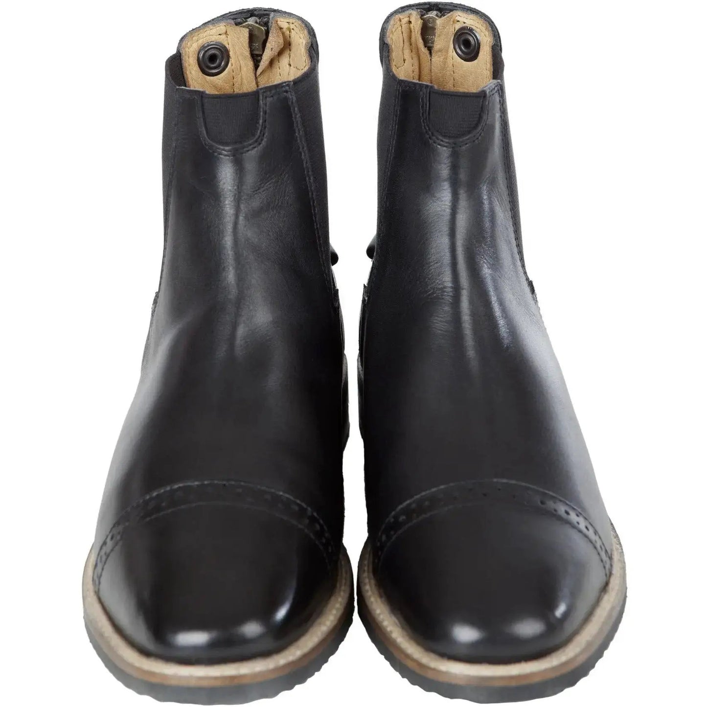 Huntley Equestrian adult black leather zip paddock boots, 2 boots shown, top-down view on Tampa Home & Garden Store