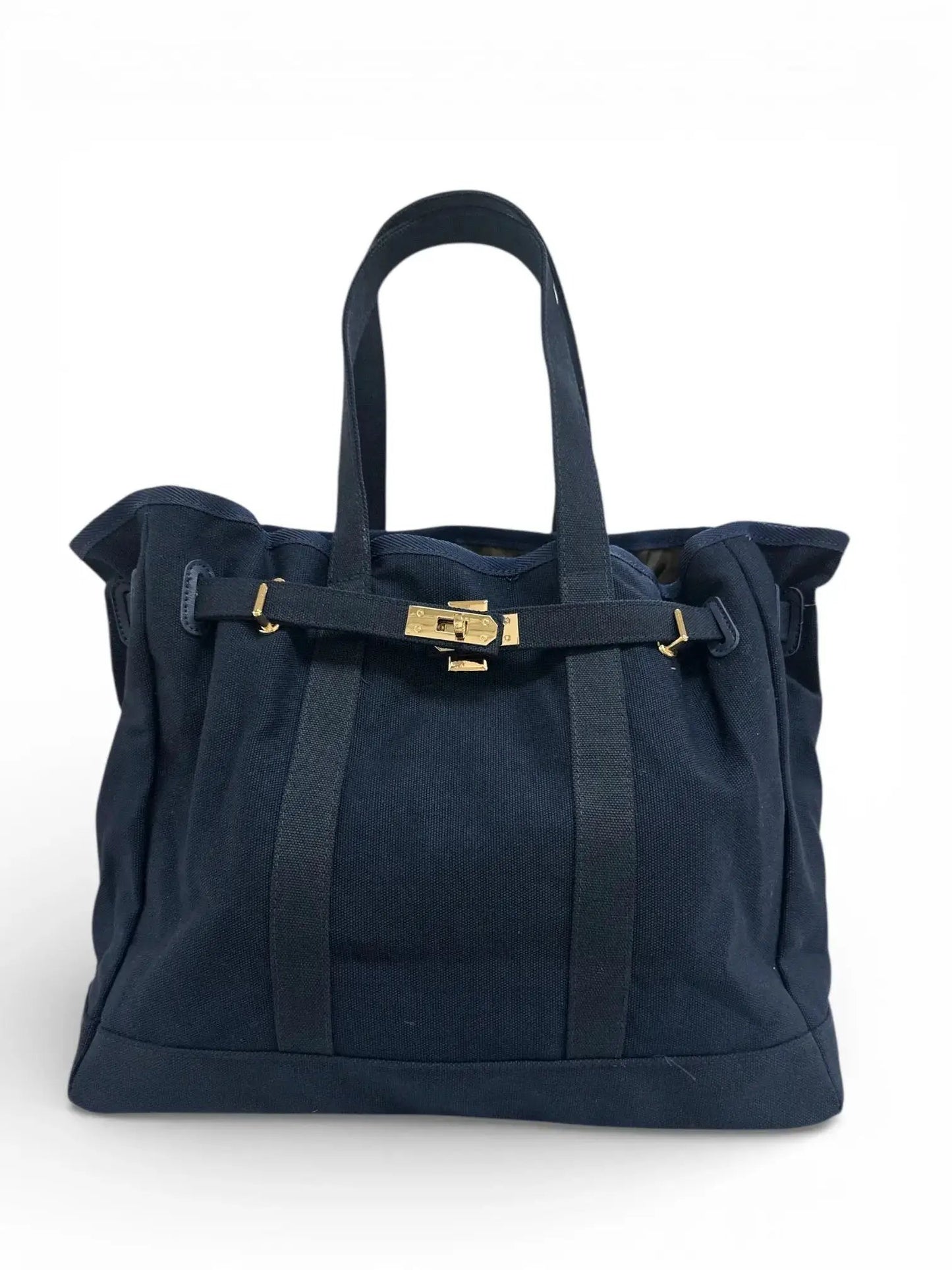 Huntley Equestrian Barnkin Navy Canvas Tote Bag with gold hardware and sturdy handles on Tampa Home & Garden Store