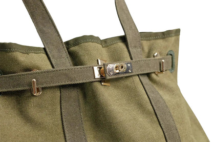Huntley Equestrian olive green canvas tote bag with gold hardware and reinforced handles on Tampa Home & Garden Store