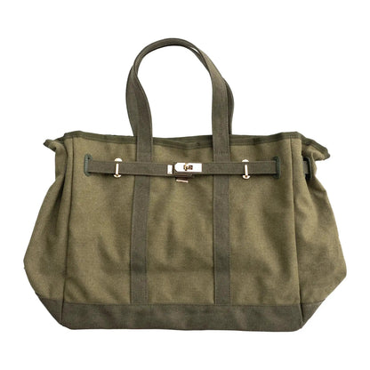 Huntley Equestrian olive green canvas tote bag with gold hardware and sturdy handles on Tampa Home & Garden Store