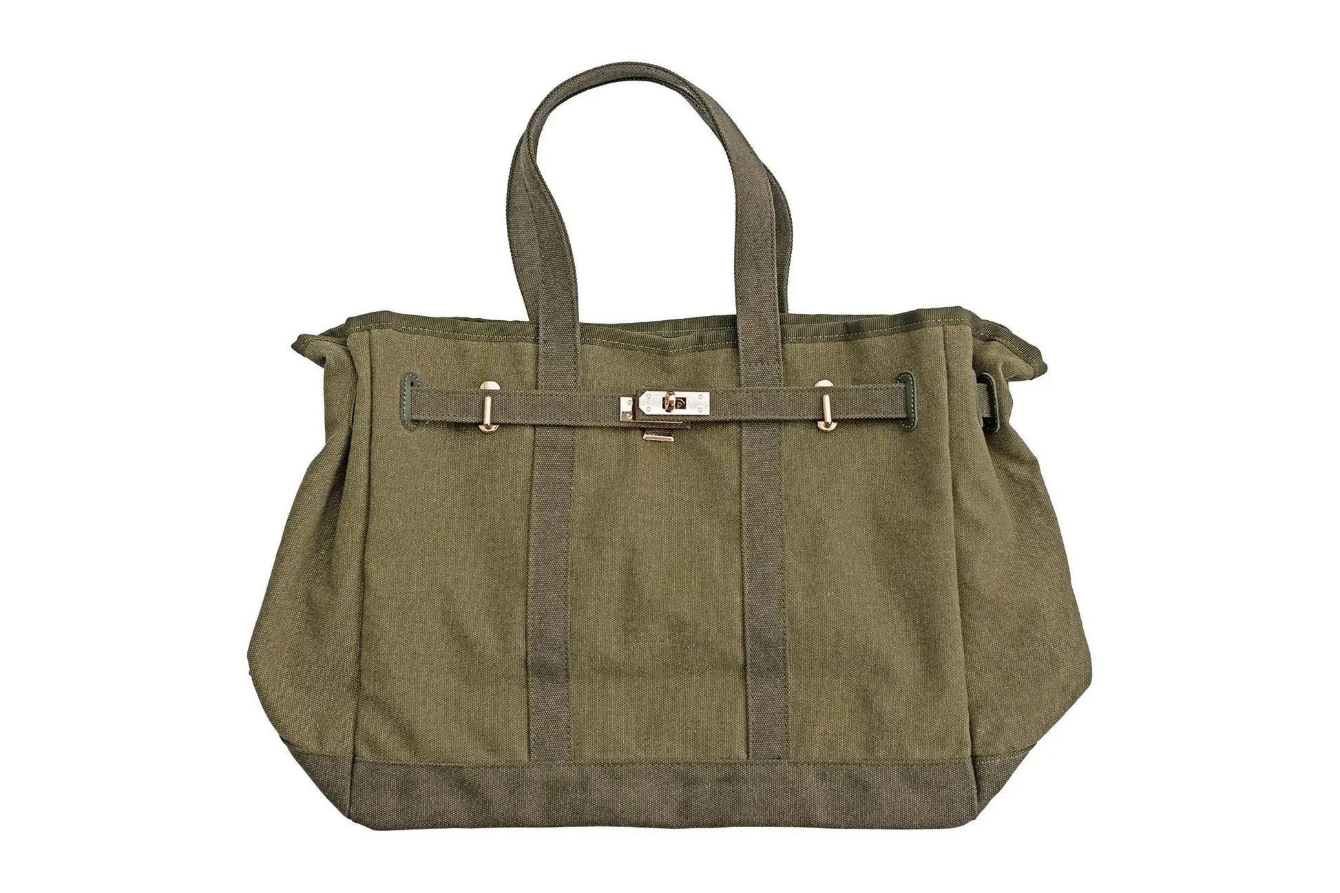 Huntley Equestrian olive green canvas tote bag with gold hardware on Tampa Home & Garden Store