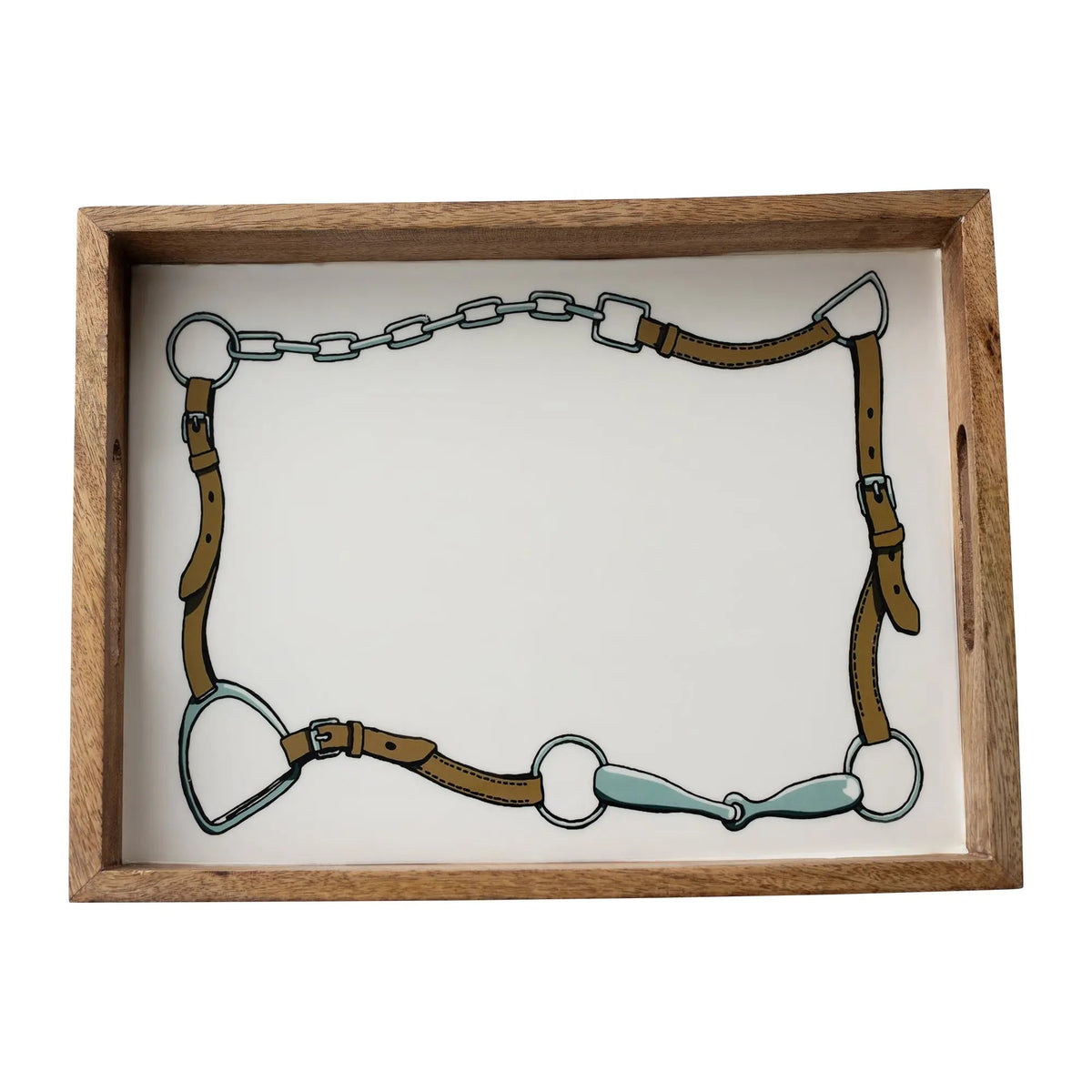Huntley Equestrian Bridle and Bit Wooden Serving Tray with artwork inside a wood frame on Tampa Home & Garden Store