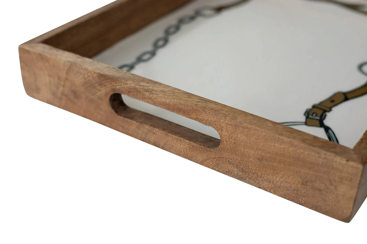 Huntley Equestrian wooden serving tray with white surface and bridle motif, metal chain detail on Tampa Home & Garden Store