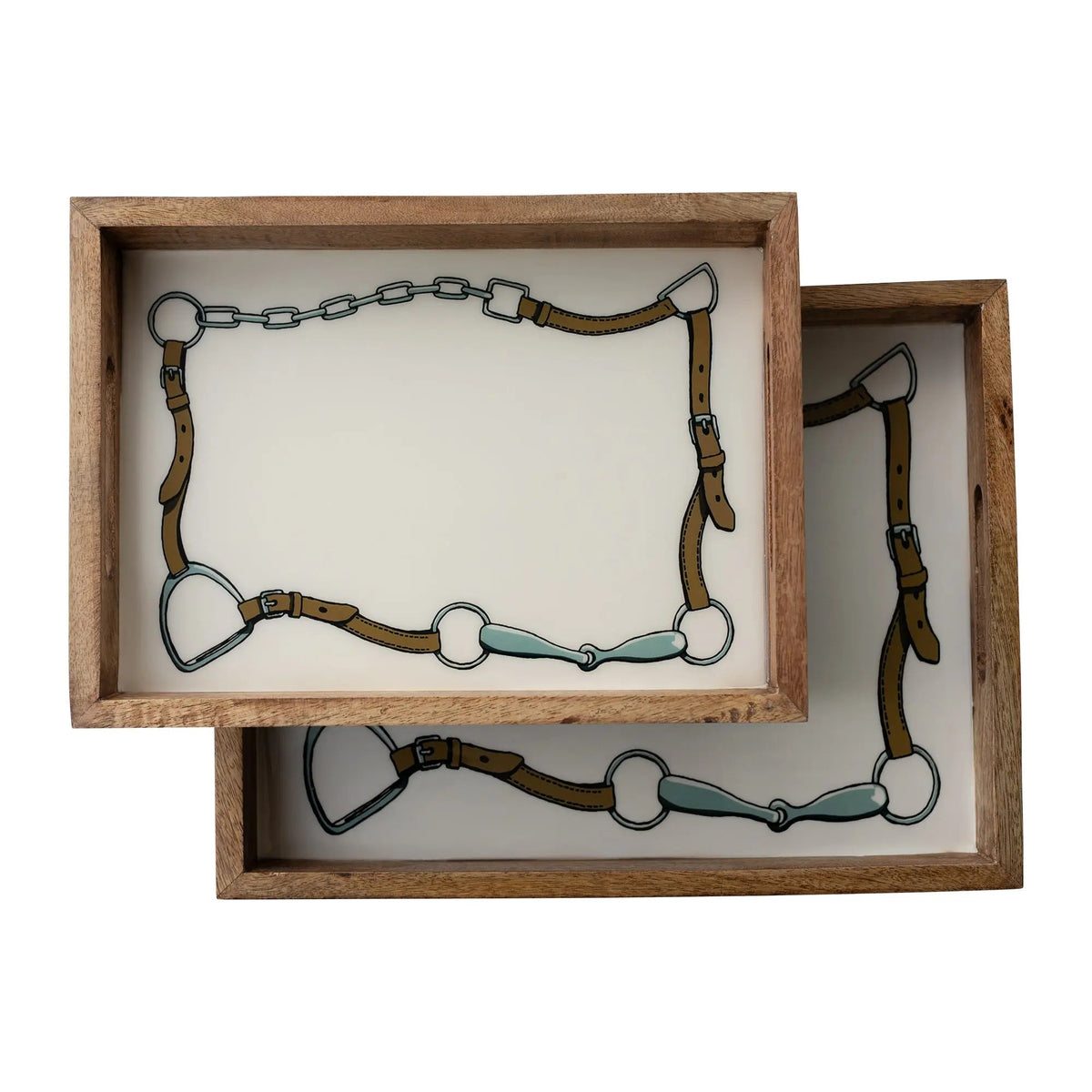 Huntley Equestrian Bridle and Bit wooden serving tray, white with tack illustration, wood frame on Tampa Home & Garden Store