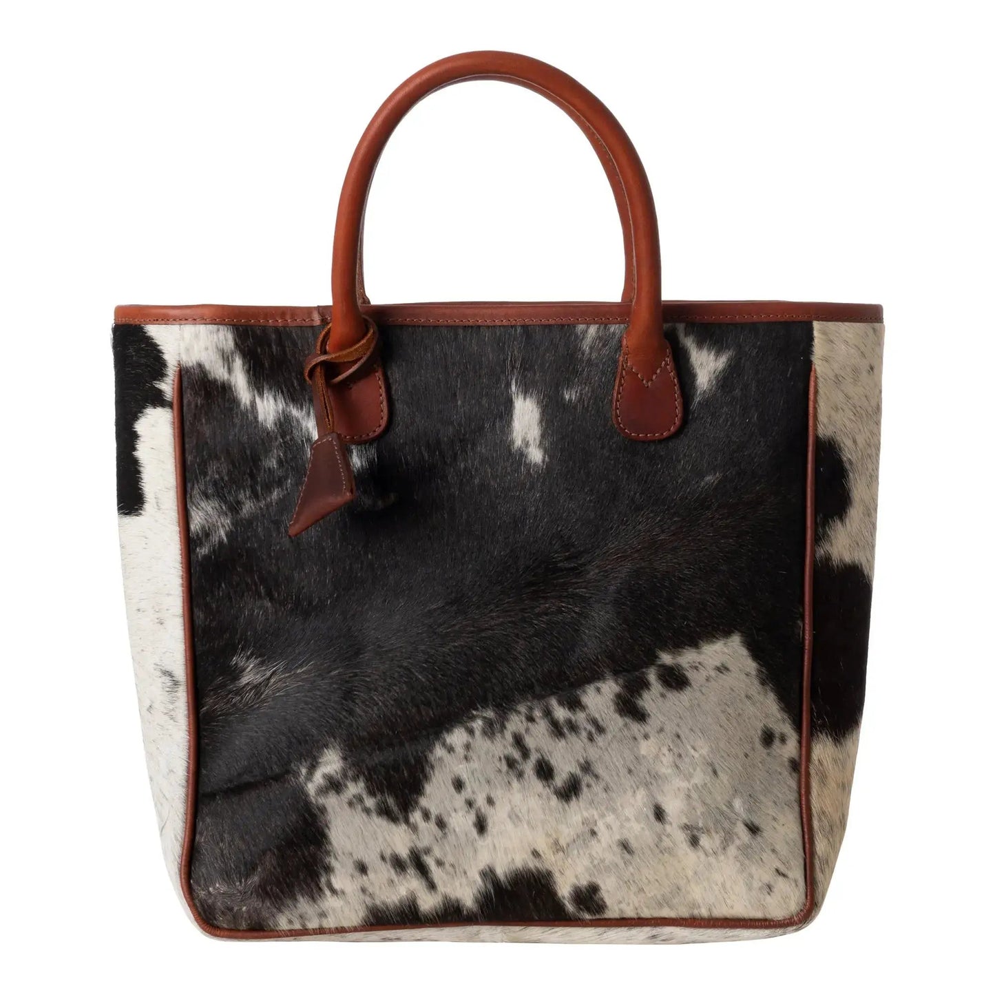 Huntley Equestrian hair-on-hide cow leather tote with brown trim and handles on Tampa Home & Garden Store