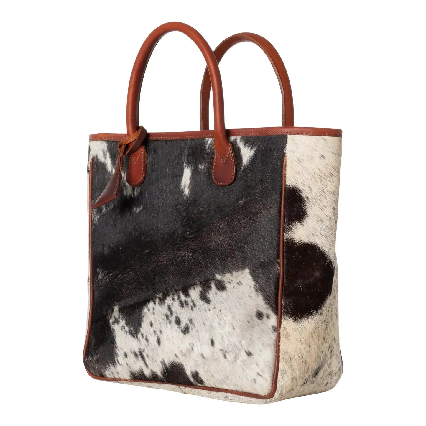 Huntley Equestrian hair-on-hide cow leather tote with brown leather trim and dual handles on Tampa Home & Garden Store