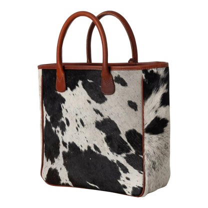 Huntley Equestrian hair-on hide cowhide tote bag with brown leather handles on Tampa Home & Garden Store