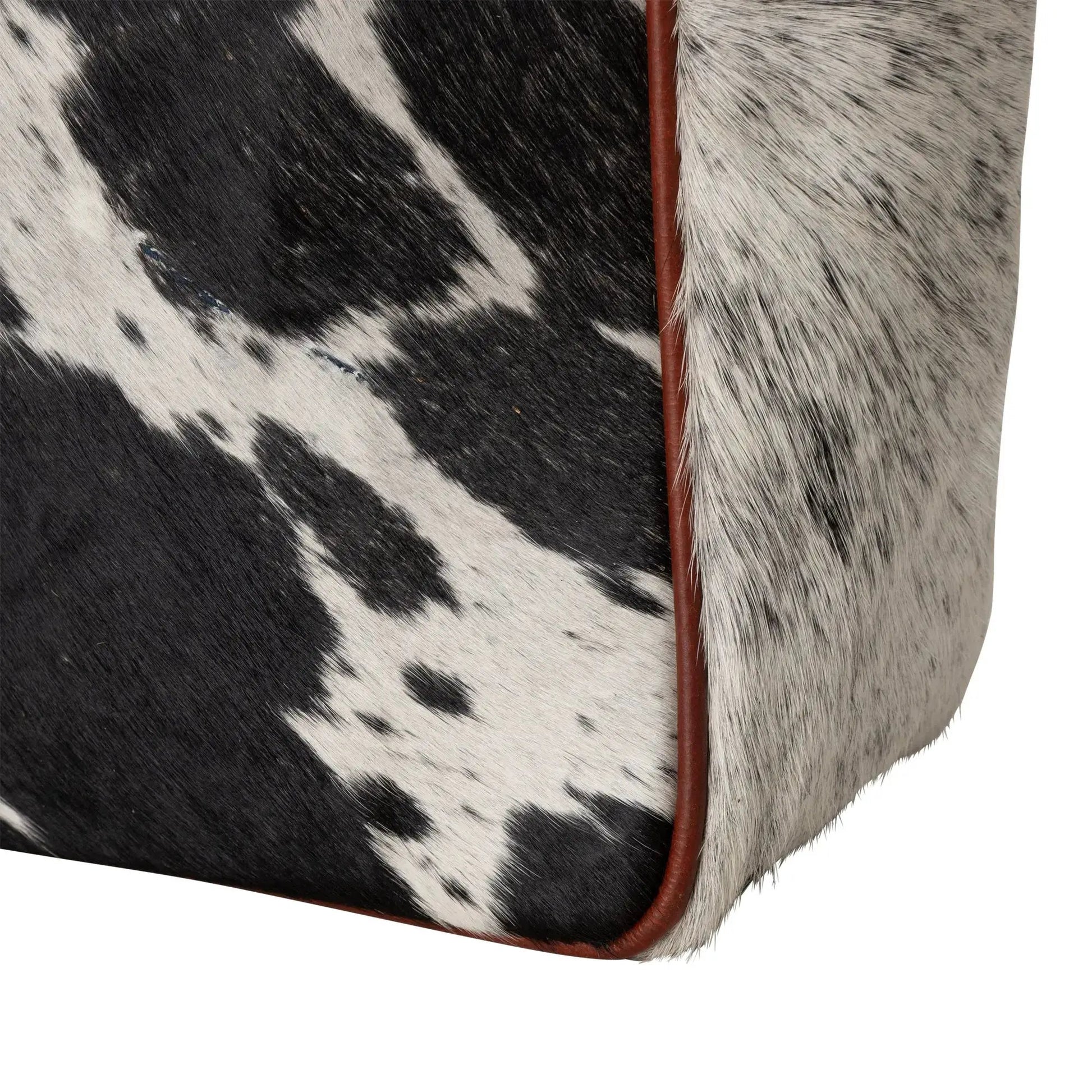 Huntley Equestrian hair-on-hide cow leather tote bag with black pattern and brown trim on Tampa Home & Garden Store