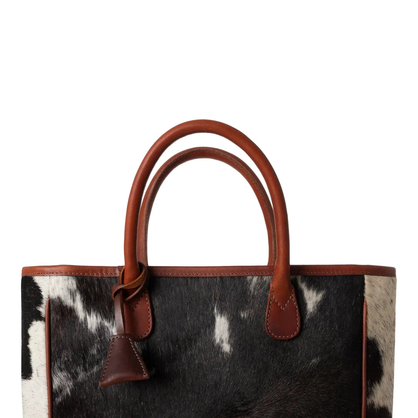 Huntley Equestrian hair-on-hide cow leather tote with brown handles and cowhide pattern on Tampa Home & Garden Store