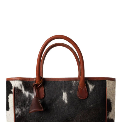 Huntley Equestrian hair-on-hide cow leather tote with brown handles and cowhide pattern on Tampa Home & Garden Store
