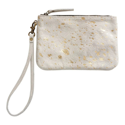 Huntley Equestrian hair-on-hide leather wristlet clutch with gold foil specks zip top on Tampa Home & Garden Store