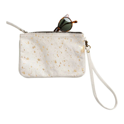 Huntley Equestrian wristlet clutch hair-on-hide leather in white with gold foil speckles on Tampa Home & Garden Store