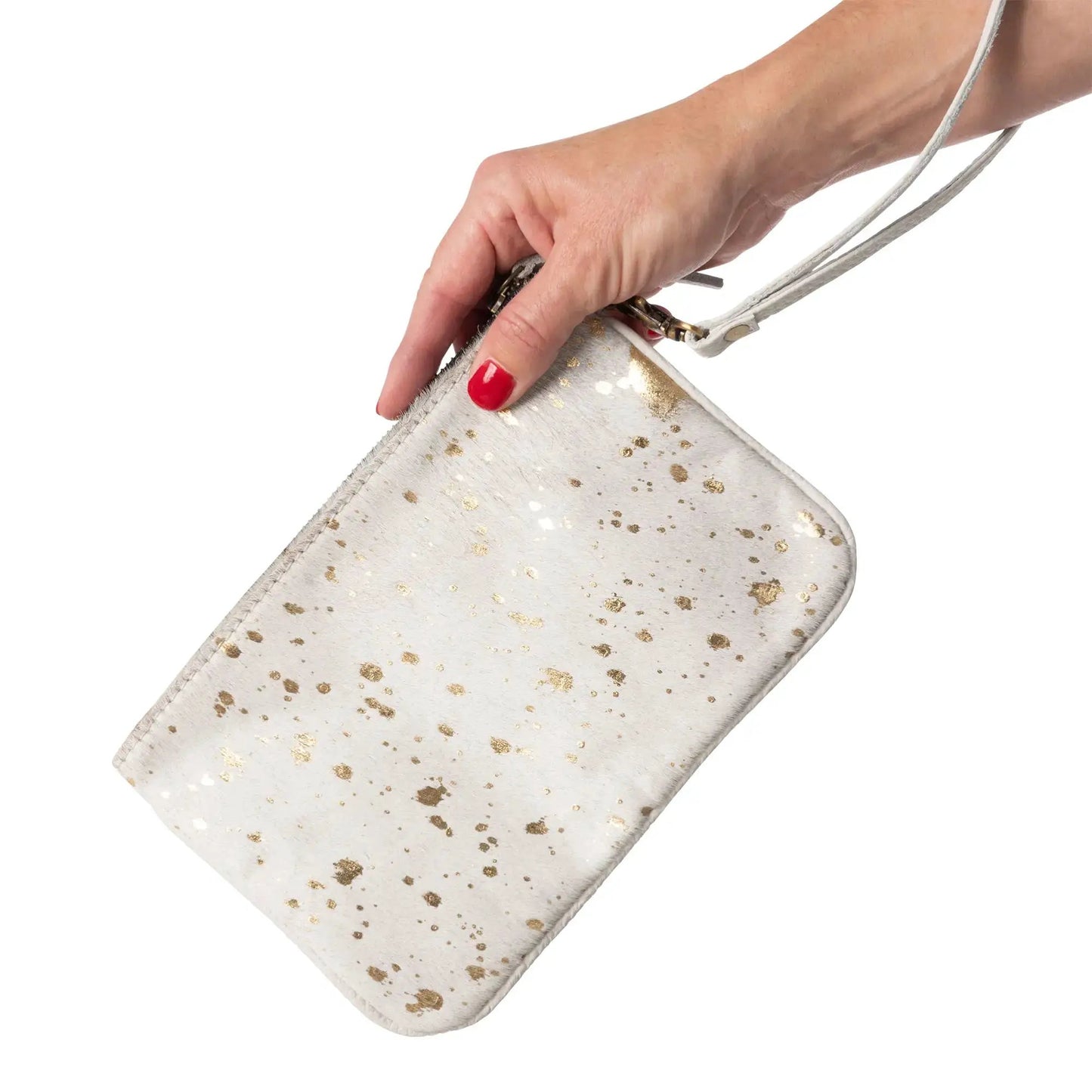 Huntley Equestrian wristlet clutch hair-on-hide leather white with gold foil speckles on Tampa Home & Garden Store