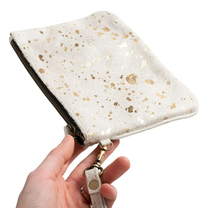 Huntley Equestrian wristlet clutch, white hair-on-hide with gold foil specks, zip closure on Tampa Home & Garden Store