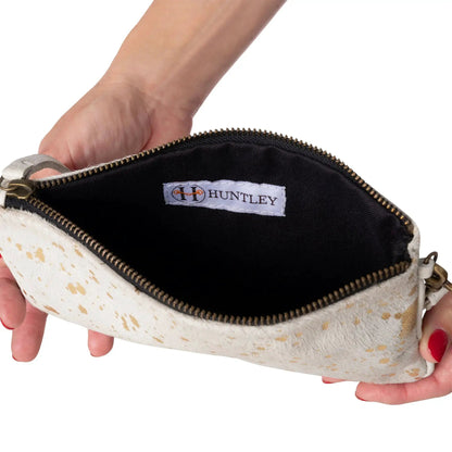 Huntley Equestrian hair-on-hide wristlet clutch wallet cream with gold foil, black interior on Tampa Home & Garden Store