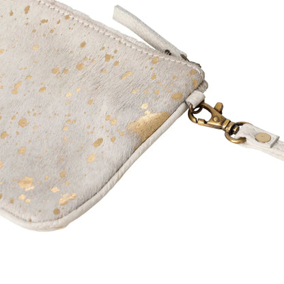 Huntley Equestrian hair-on-hide wristlet clutch with gold specks and brass hardware on Tampa Home & Garden Store