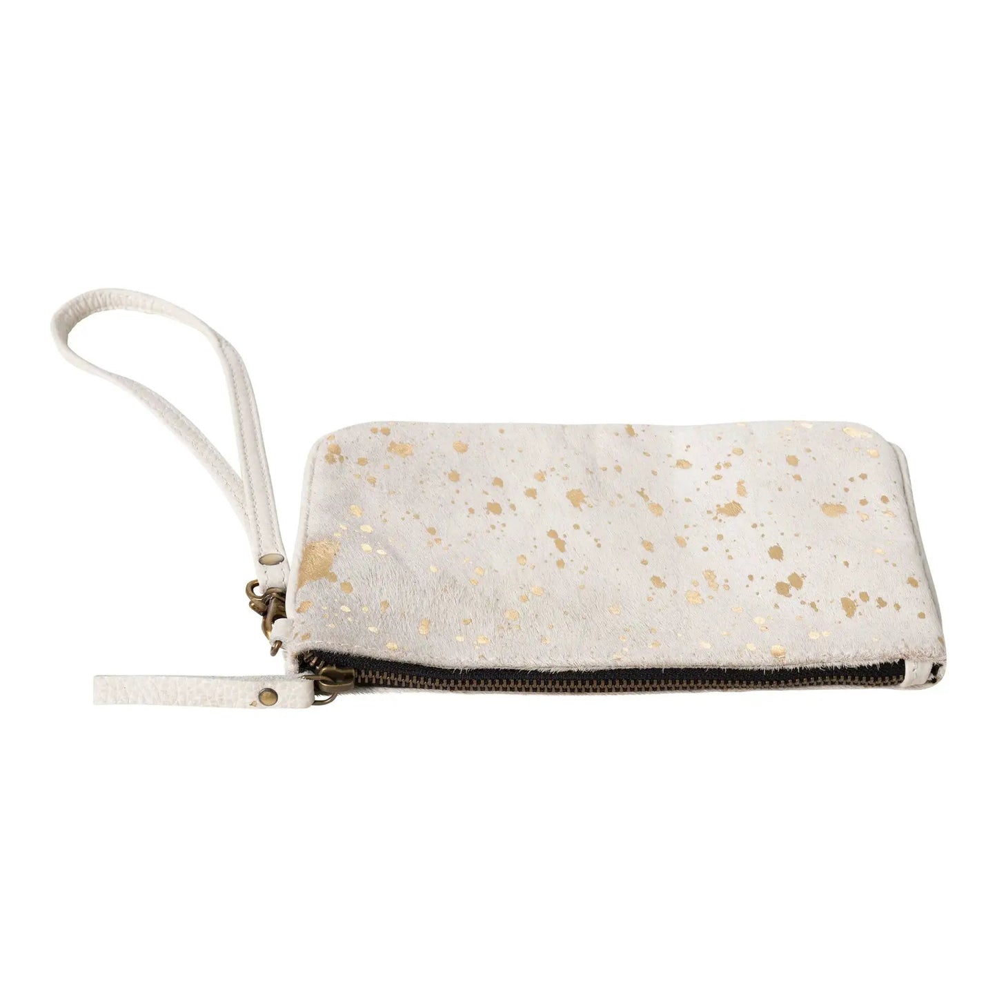 Huntley Equestrian hair-on-hide leather wristlet clutch in white with gold foil speckles on Tampa Home & Garden Store