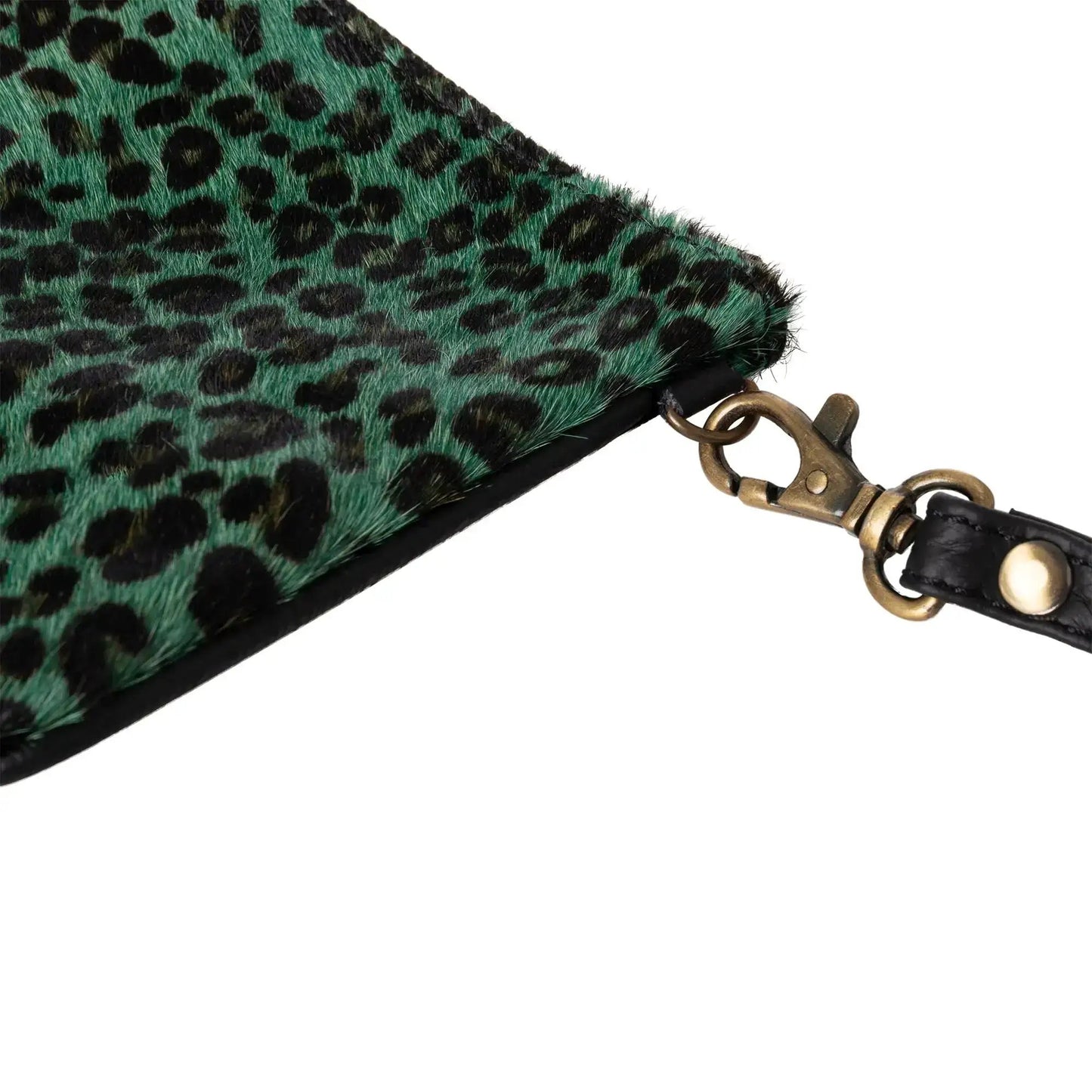 Huntley Equestrian green leopard hair-on-hide leather wristlet clutch with brass hardware on Tampa Home & Garden Store