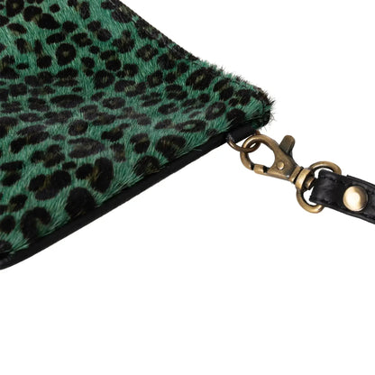 Huntley Equestrian green leopard hair-on-hide leather wristlet clutch with brass hardware on Tampa Home & Garden Store