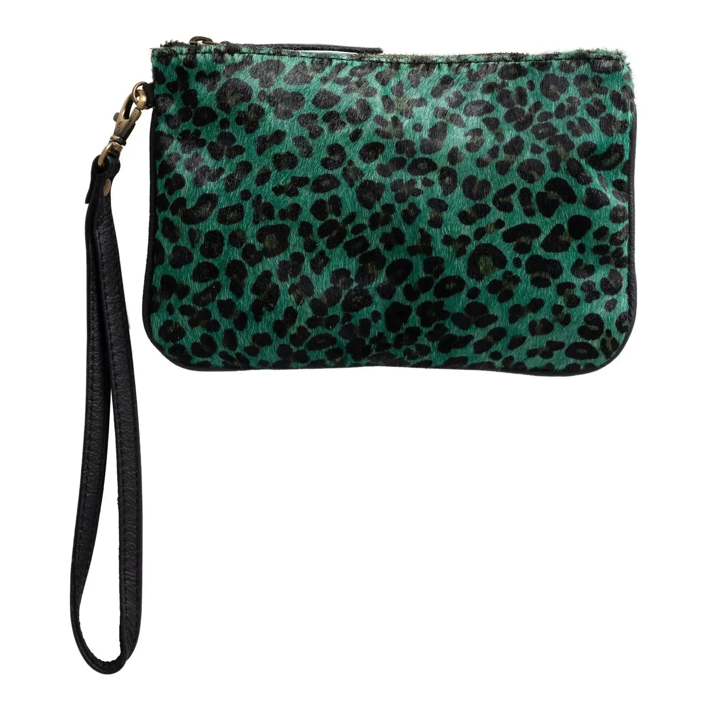 Huntley Equestrian hair-on-hide leather wristlet clutch in green leopard print with black strap on Tampa Home & Garden Store