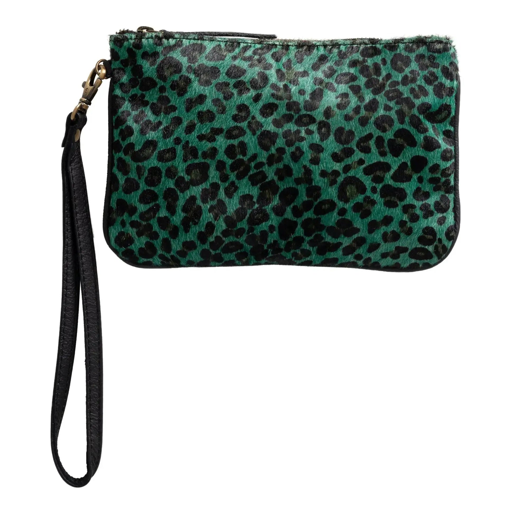 Huntley Equestrian hair-on-hide leather wristlet clutch in green leopard print with black strap on Tampa Home & Garden Store