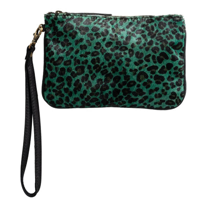 Huntley Equestrian hair-on-hide leather wristlet clutch in green leopard print with black strap on Tampa Home & Garden Store