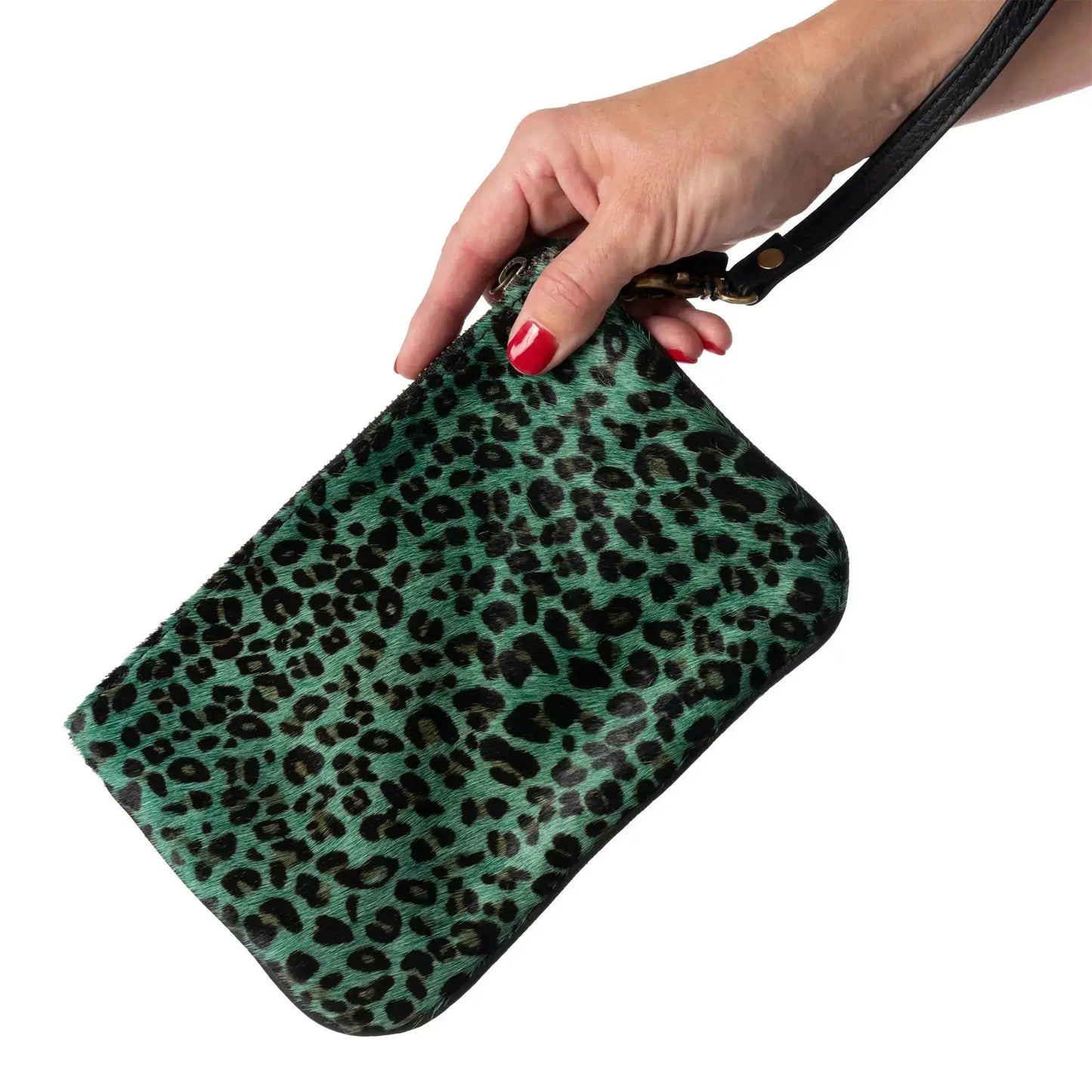 Hair-on-hide wristlet clutch teal leopard-print with black strap on Tampa Home & Garden Store
