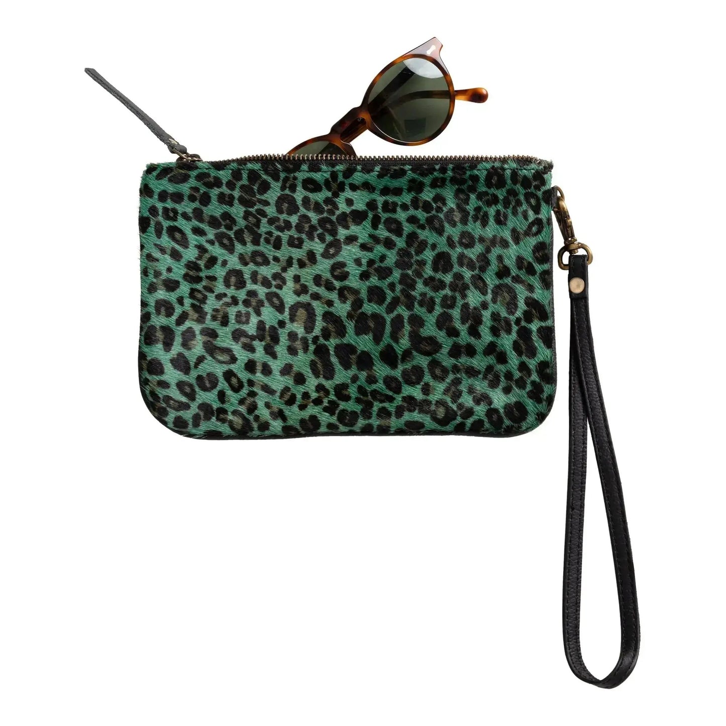Huntley Equestrian hair-on-hide leather wristlet clutch teal leopard print with sunglasses on Tampa Home & Garden Store