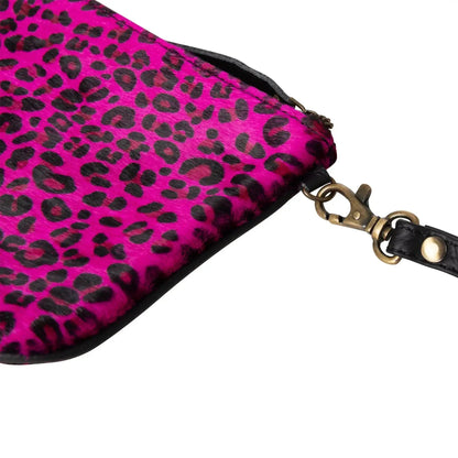 Huntley Equestrian pink leopard hair-on-hide leather wristlet clutch purse with brass chain on Tampa Home & Garden Store