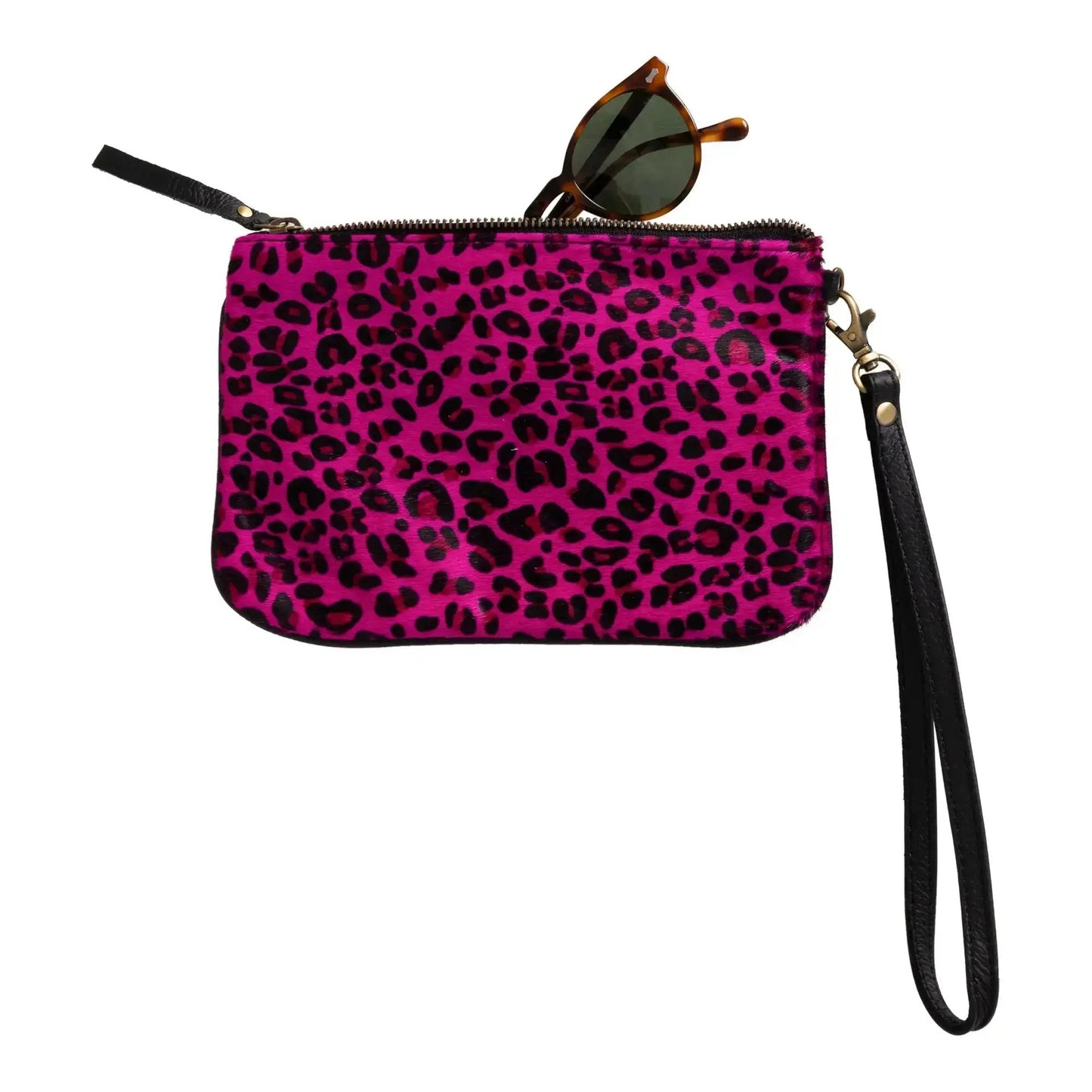 Huntley Equestrian pink leopard hair-on-hide wristlet clutch with gold hardware on Tampa Home & Garden Store