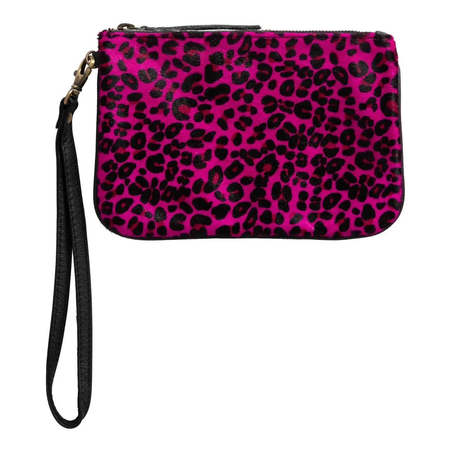 Huntley Equestrian pink leopard hair-on-hide wristlet clutch with black strap on Tampa Home & Garden Store