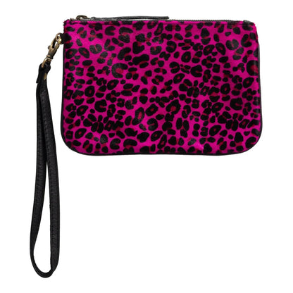 Huntley Equestrian pink leopard hair-on-hide wristlet clutch with black strap on Tampa Home & Garden Store