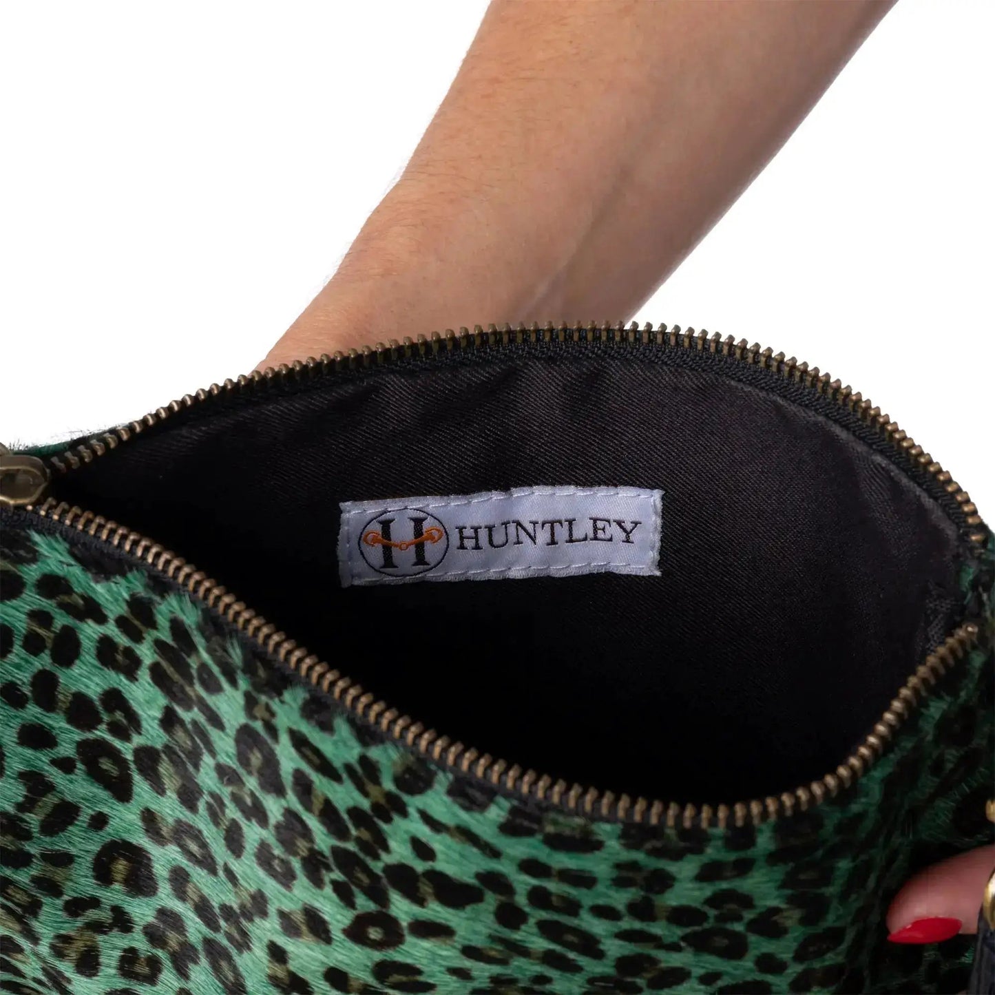 Huntley Equestrian hair-on-hide leather wristlet clutch leopard green with gold zipper on Tampa Home & Garden Store