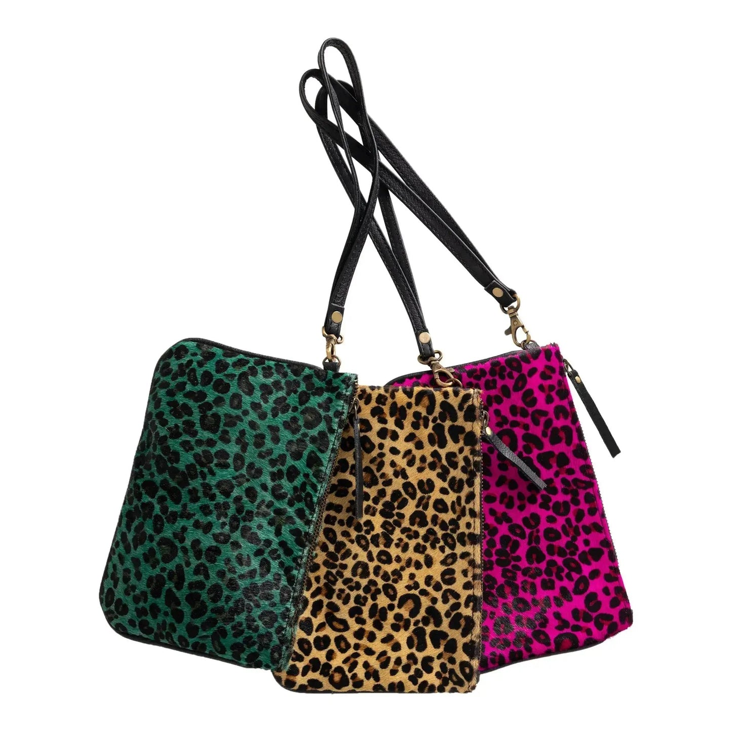 4 Huntley Equestrian wristlet clutches in green, tan and pink prints with black straps on Tampa Home & Garden Store