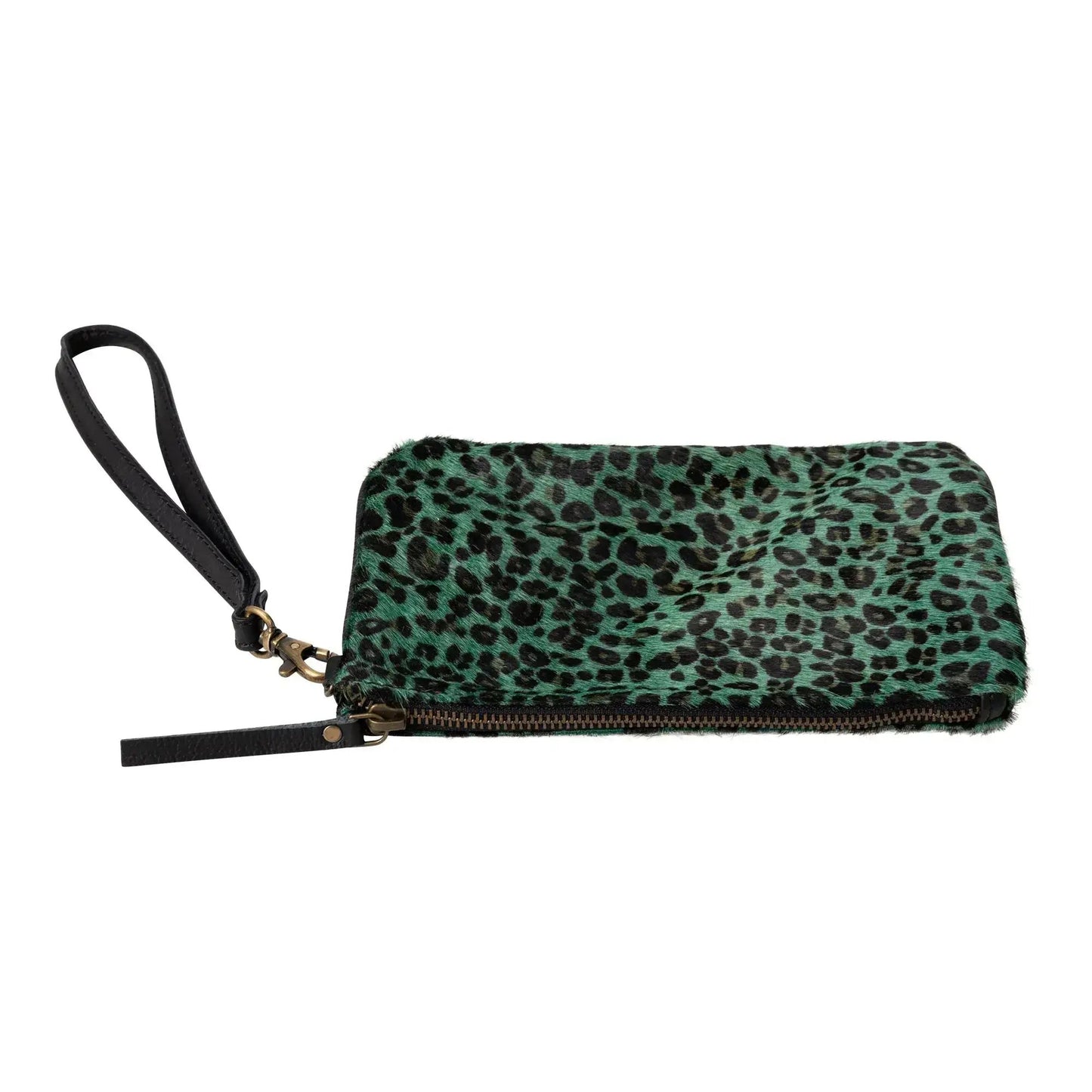 Huntley Equestrian wristlet clutch hair-on-hide green leopard print black strap gold-tone on Tampa Home & Garden Store