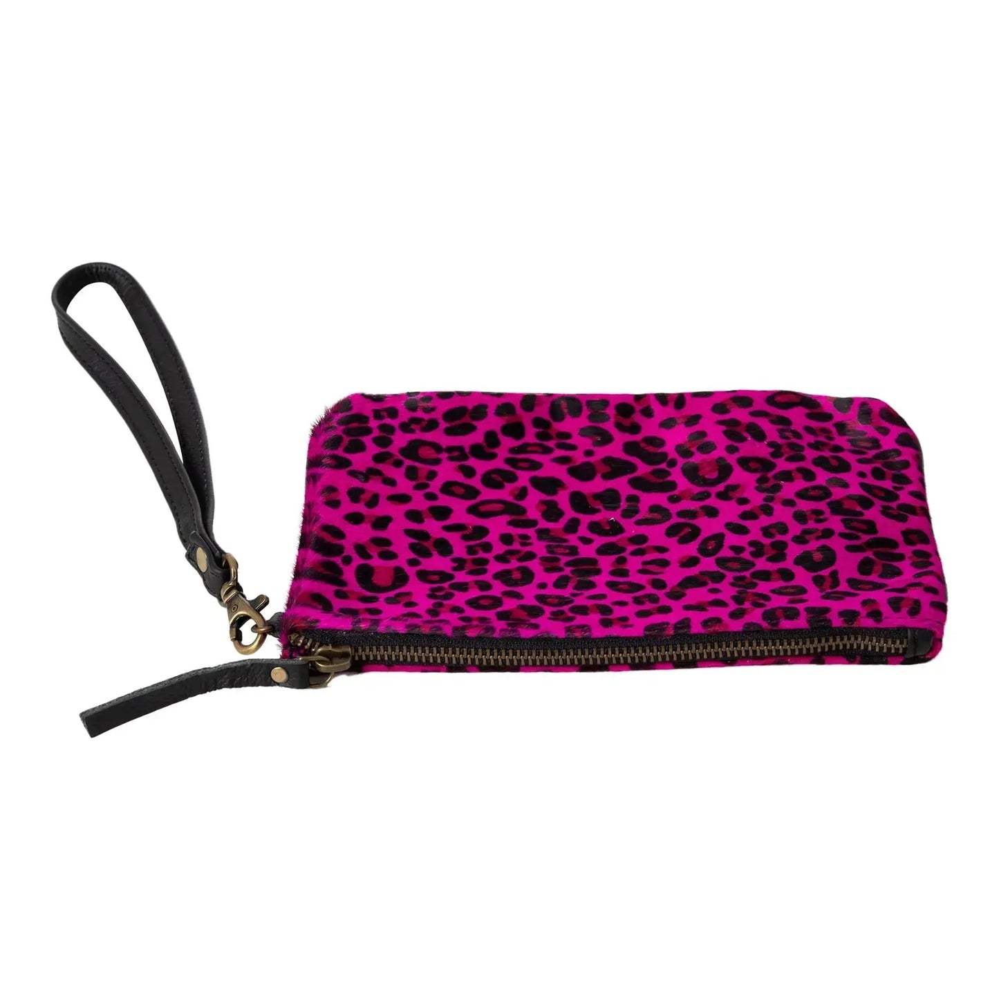 Wristlet clutch pink leopard hair-on-hide leather with black strap Huntley Equestrian on Tampa Home & Garden Store