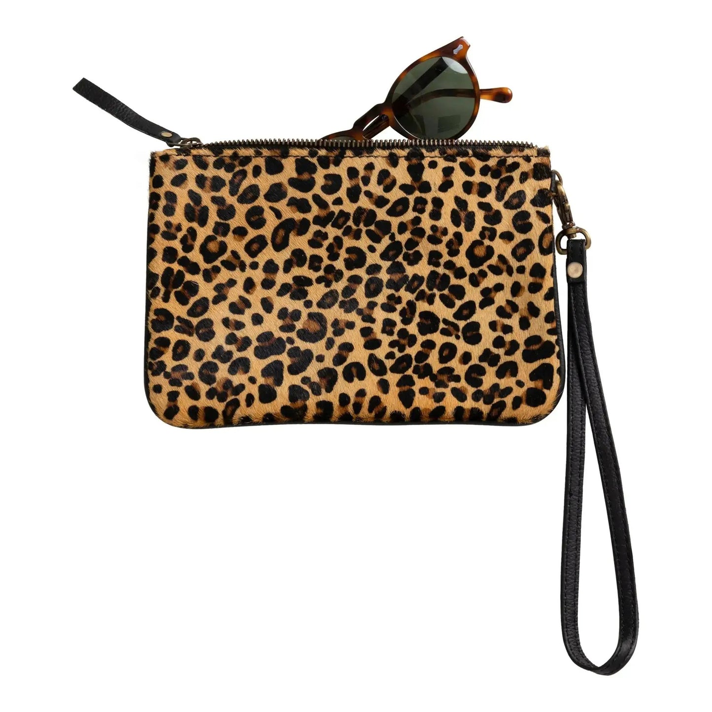 Huntley Equestrian leopard print hair-on-hide wristlet clutch with black strap and sunglasses on Tampa Home & Garden Store