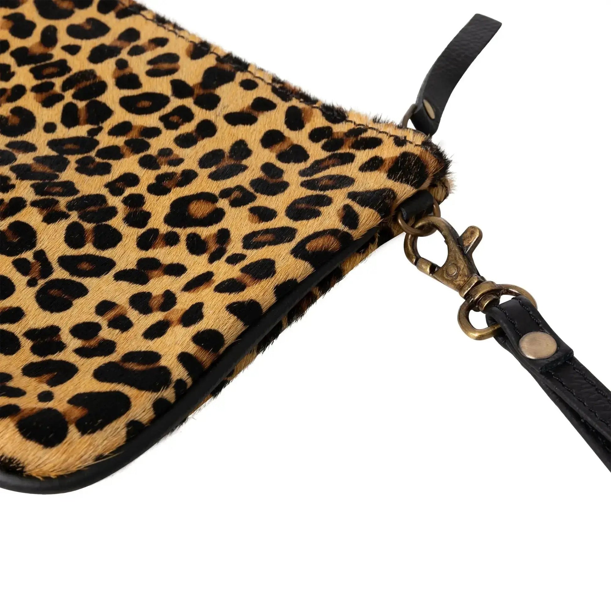Huntley Equestrian leopard hair-on-hide leather wristlet clutch wallet, golden foil on Tampa Home & Garden Store