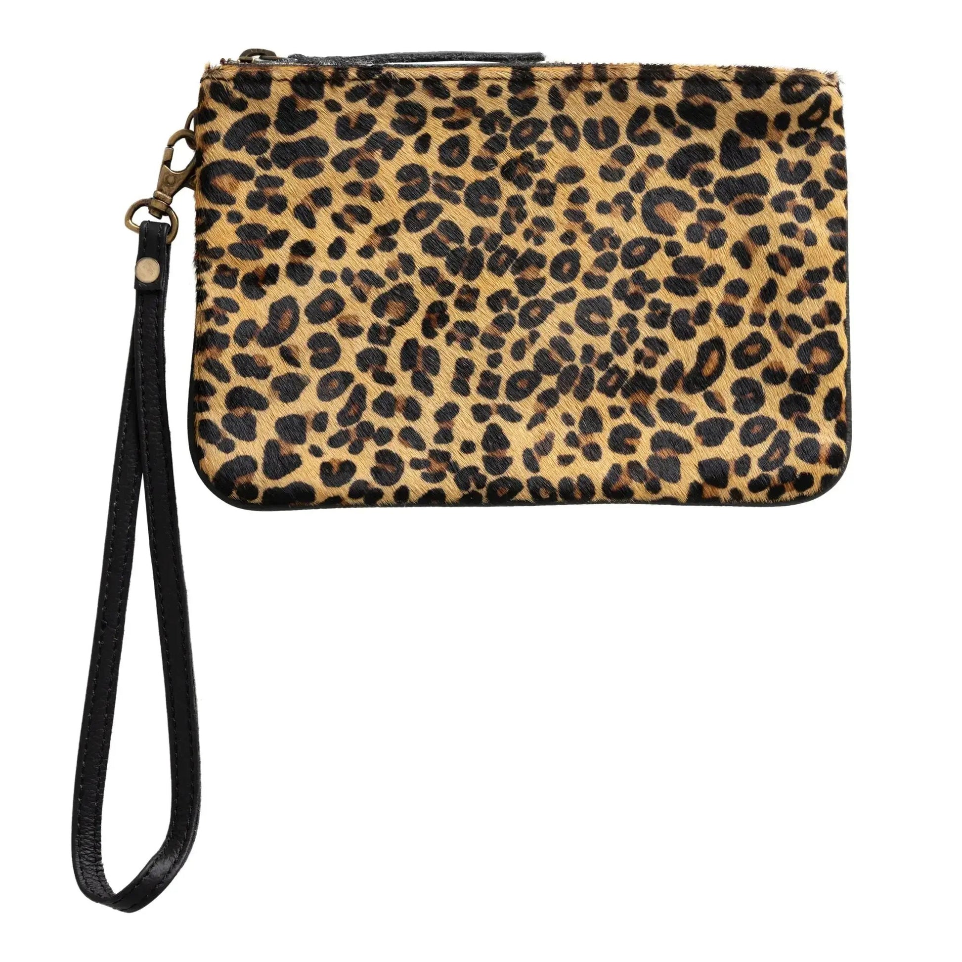 Leopard hair-on-hide leather wristlet clutch with golden foil and black strap on Tampa Home & Garden Store