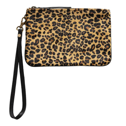 Leopard hair-on-hide leather wristlet clutch with golden foil and black strap on Tampa Home & Garden Store