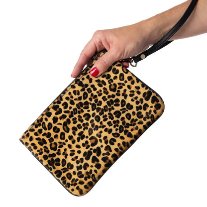 Huntley Equestrian leopard print hair-on-hide leather wristlet clutch with black strap on Tampa Home & Garden Store
